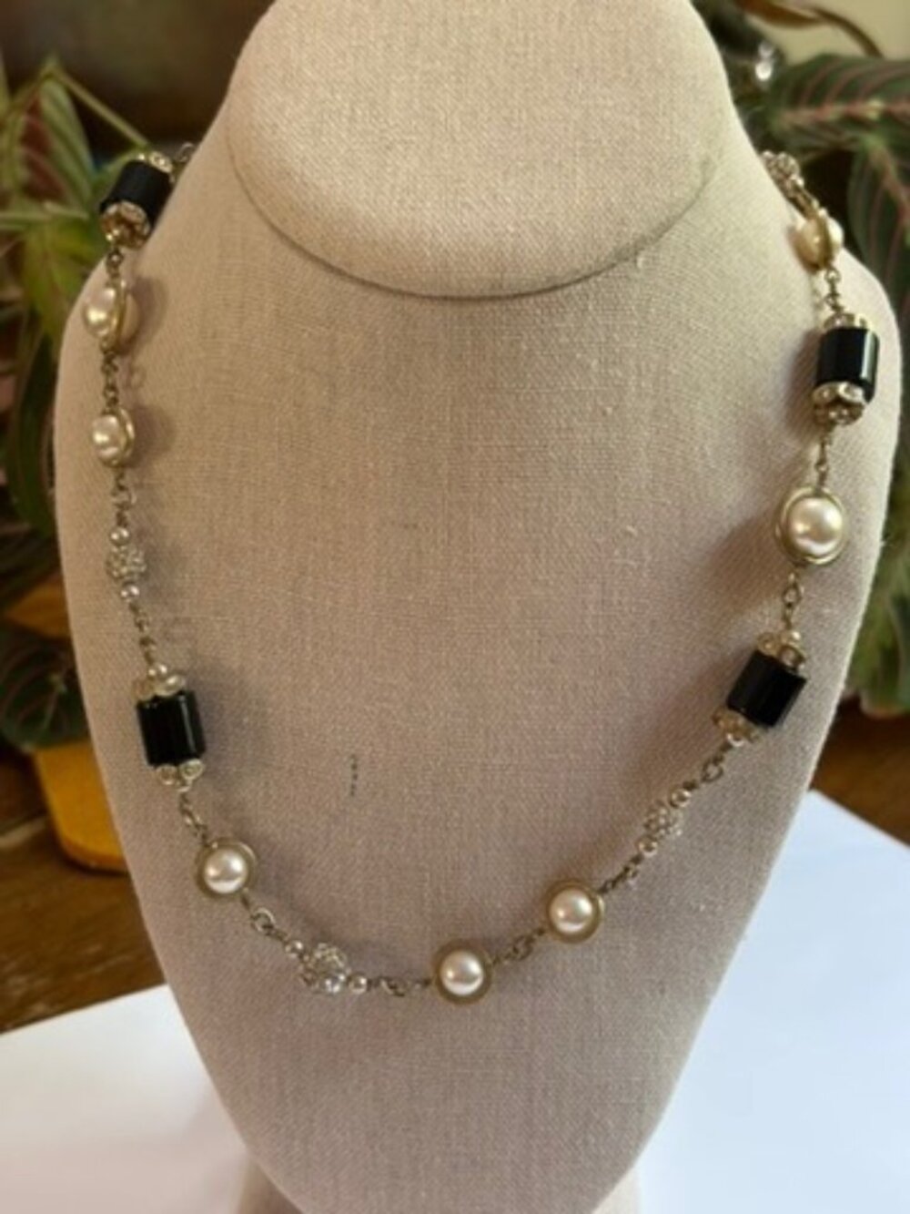 J Crew Necklace: pearl, crystal, black on antique gold chain